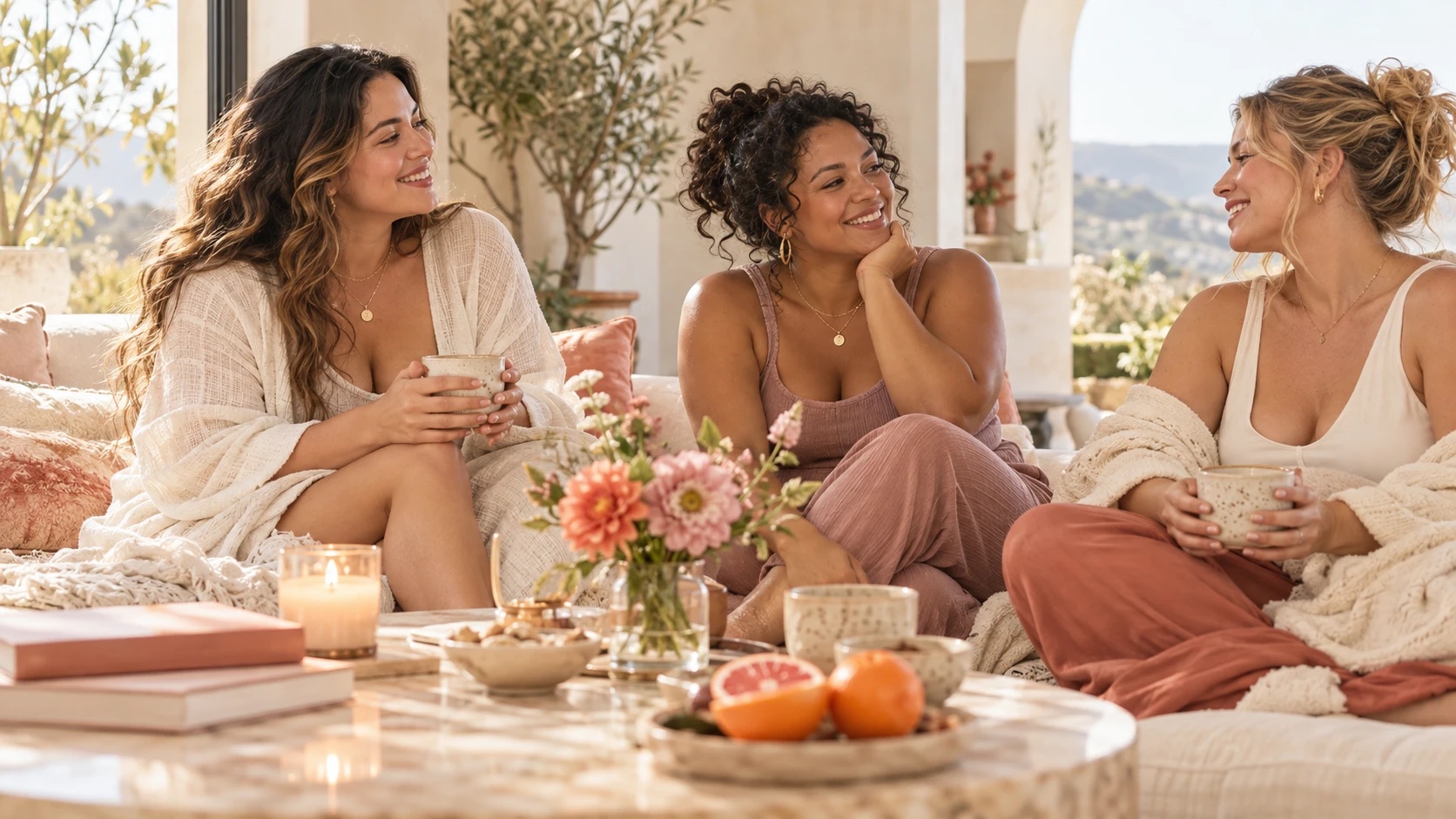 Three women laughing together over tea and grapefruit on a sunlit terrace