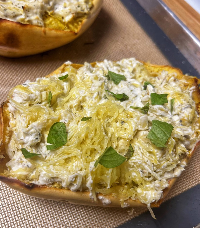 Creamy Artichoke Stuffed Spaghetti Squash